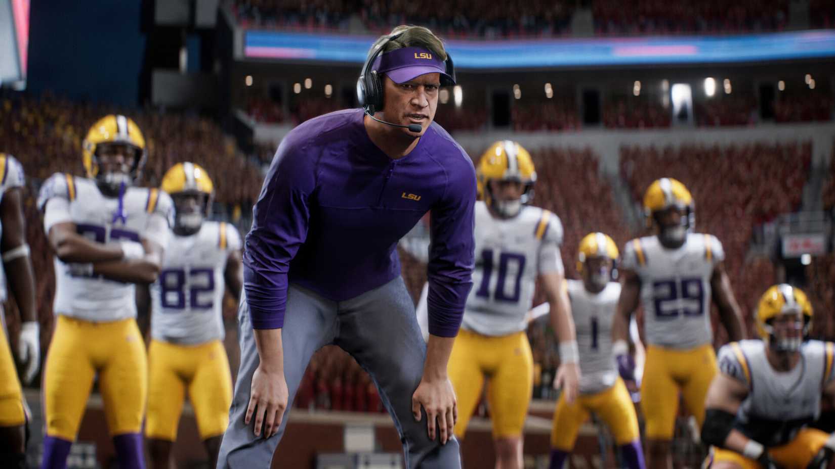 Players standing behind coach in college football 27.