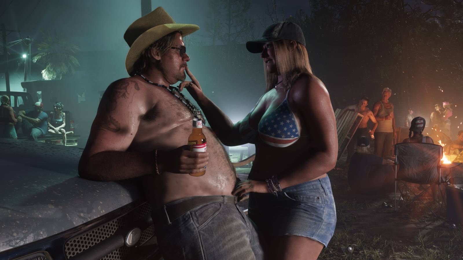 woman putting her fingers up to a guy's lips in gta 6.