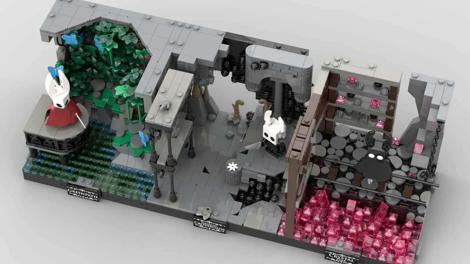 looking down on three sections from the journey to hallownest hollow knight lego set.