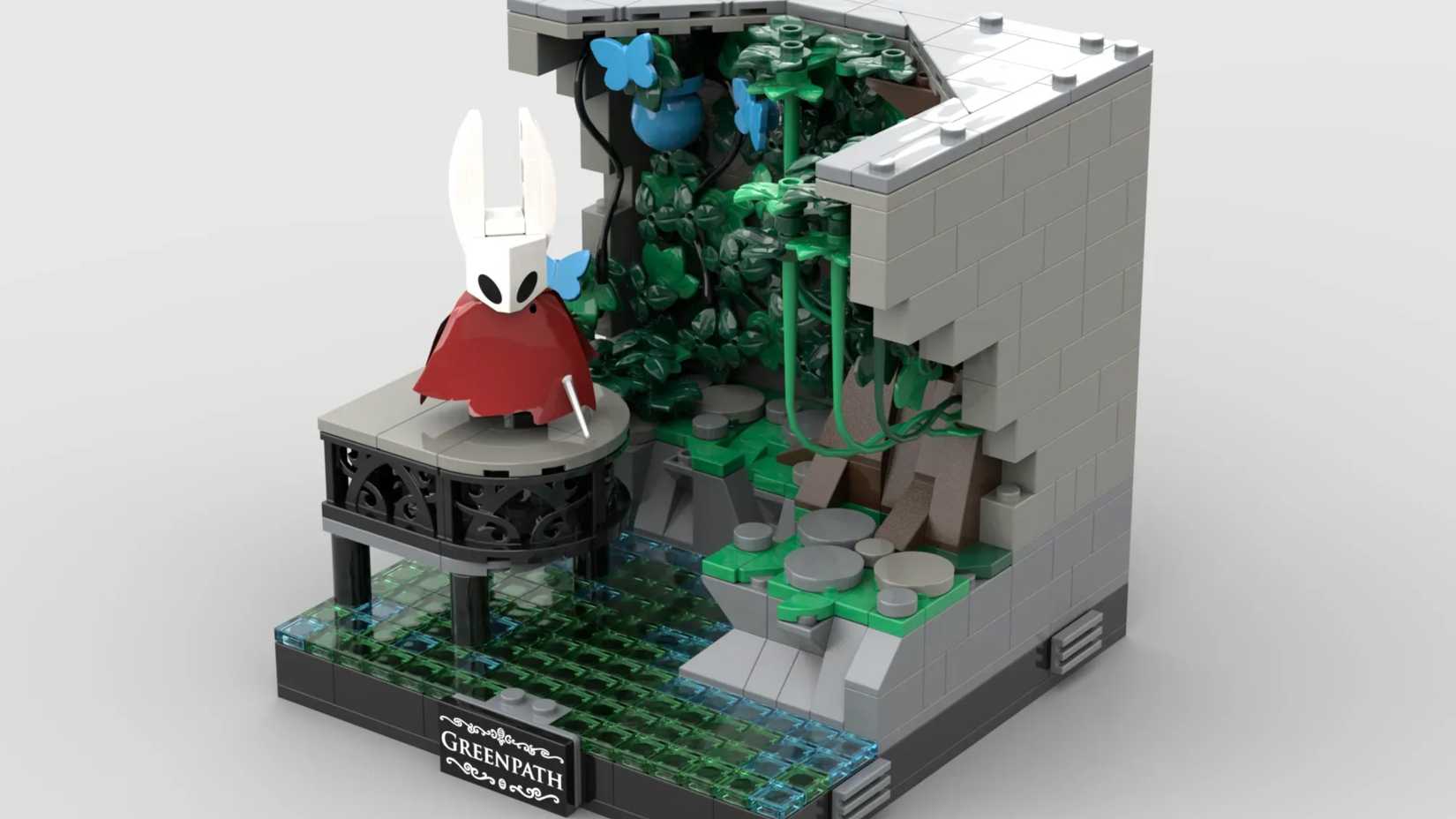 lego hornet standing in the greenpath section of the journey to hallownest hollow knight set.