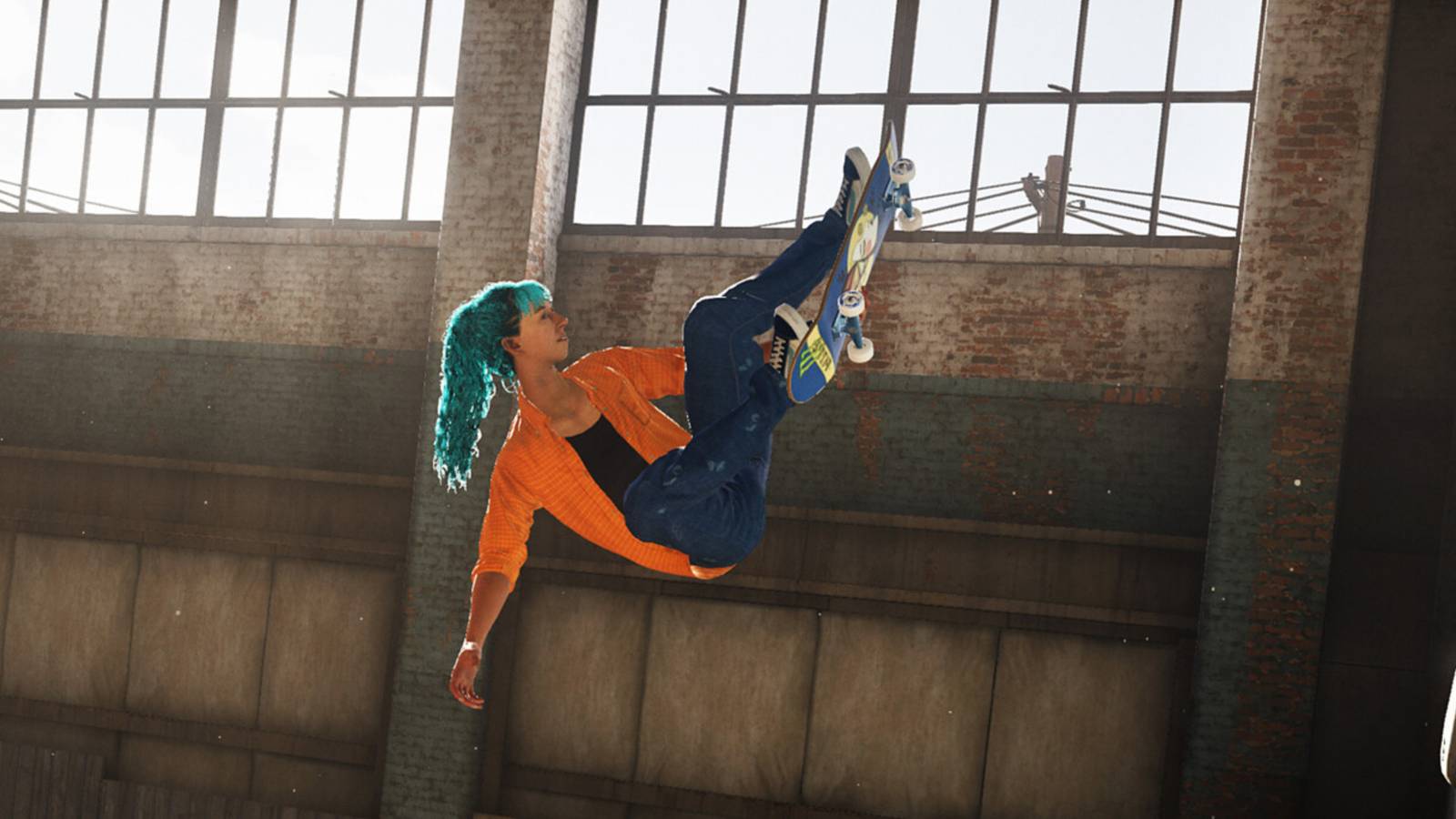 woman with blue hair doing a trick in tony hawks pro skated 1+2.