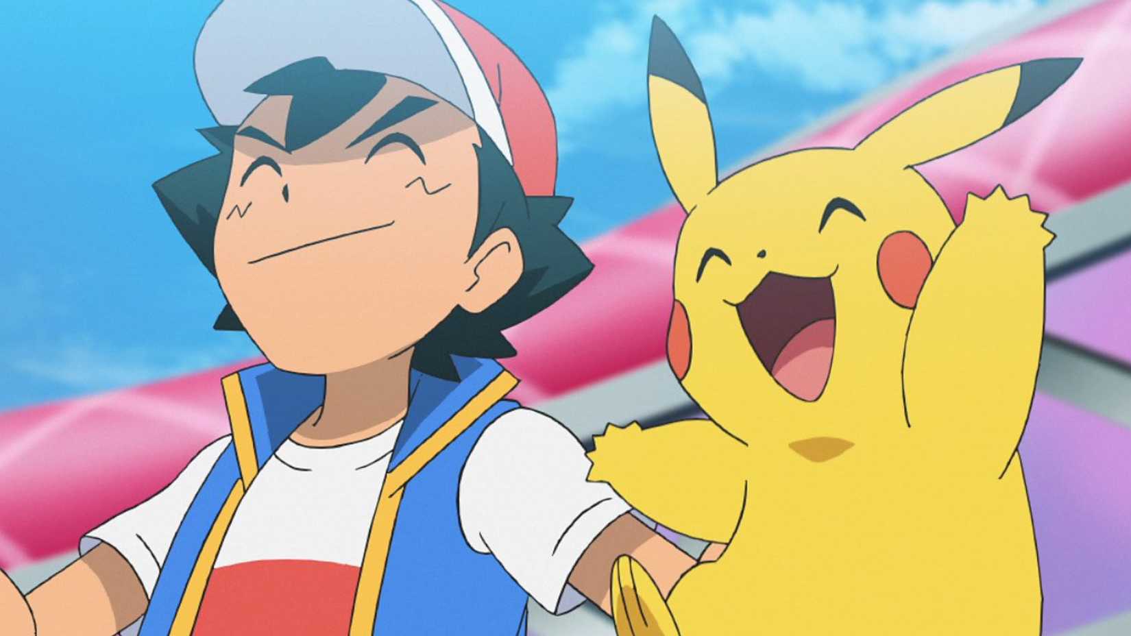 ash and pikachu smiling with their eyes shut in the pokemon anime.