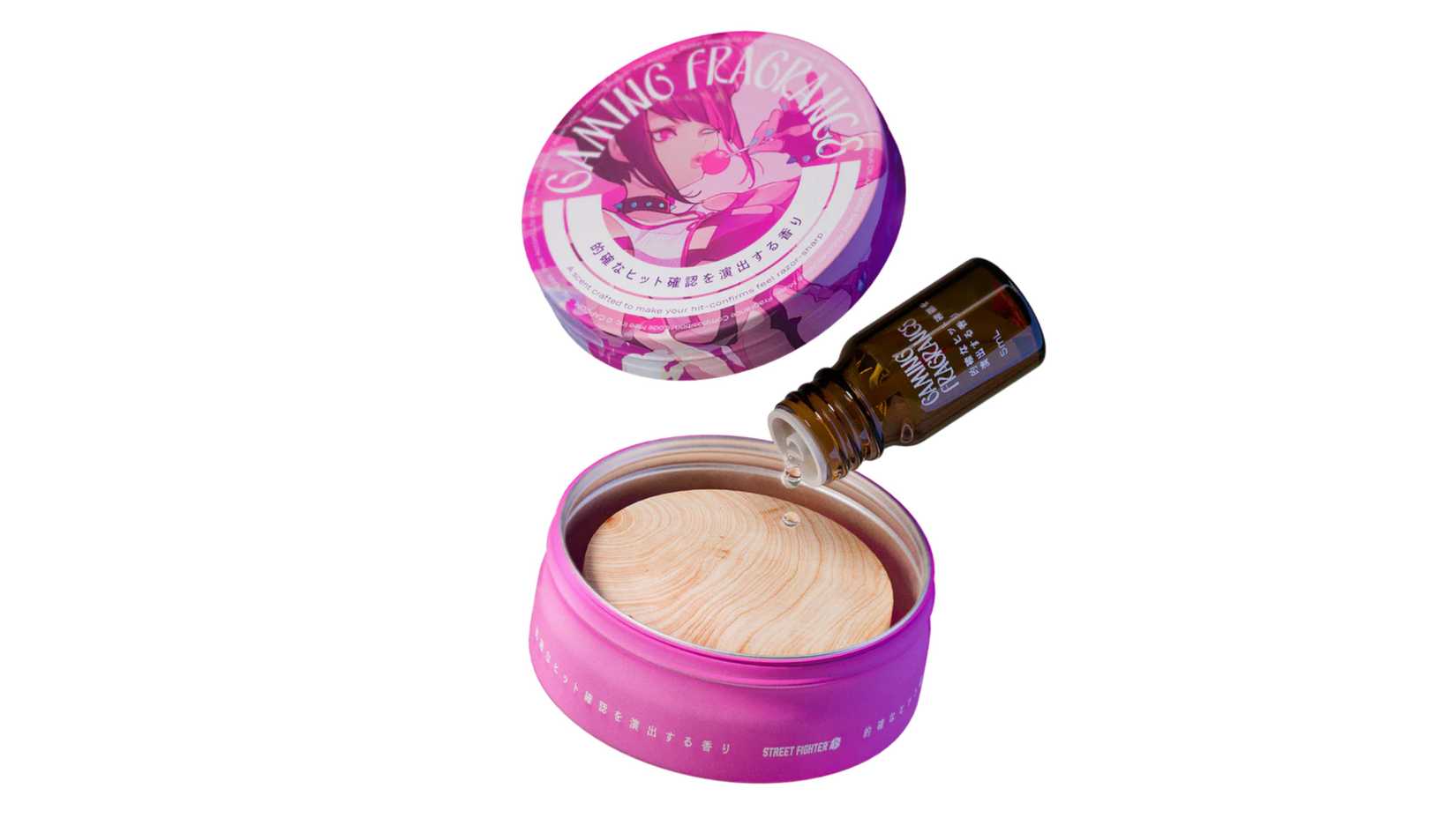 placing street fighter 6 juri gaming fragrance drops on a wooden diffuser.