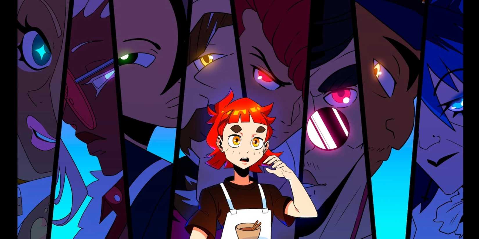 Emi from Denshattack surrounded by a collage of every main villain. 