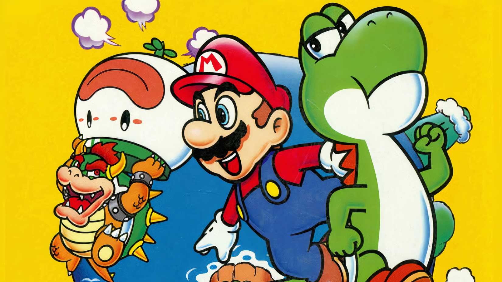 mario and yoshi looking at bowser in super mario world key art.