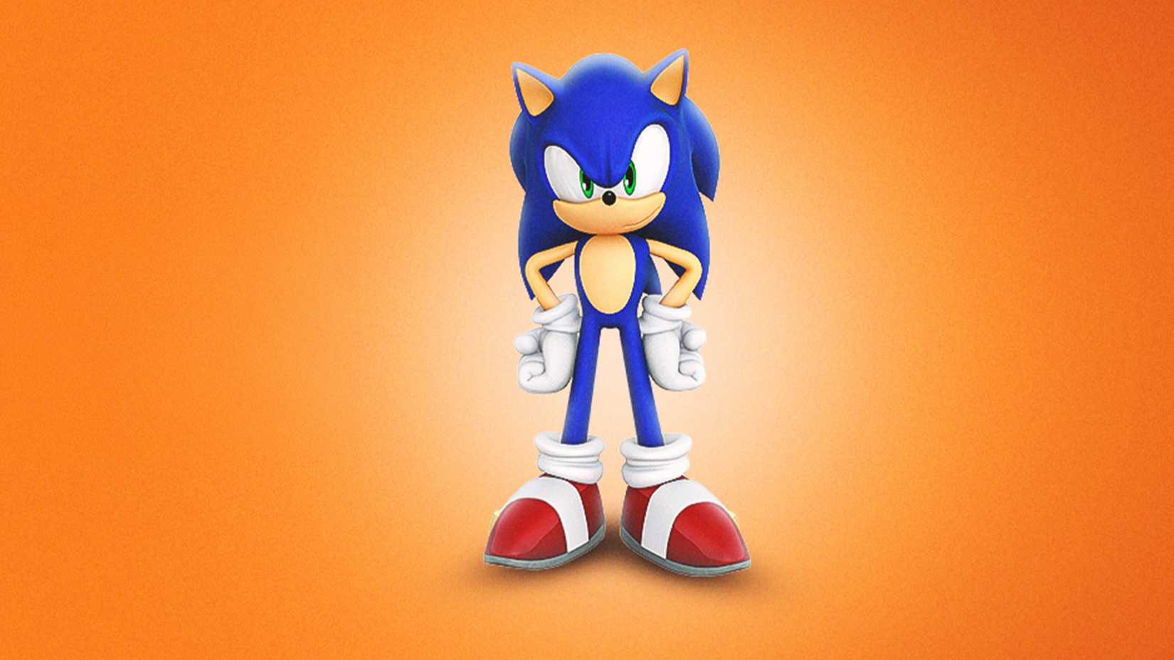 sonic with his hands on his hips on an orange background.