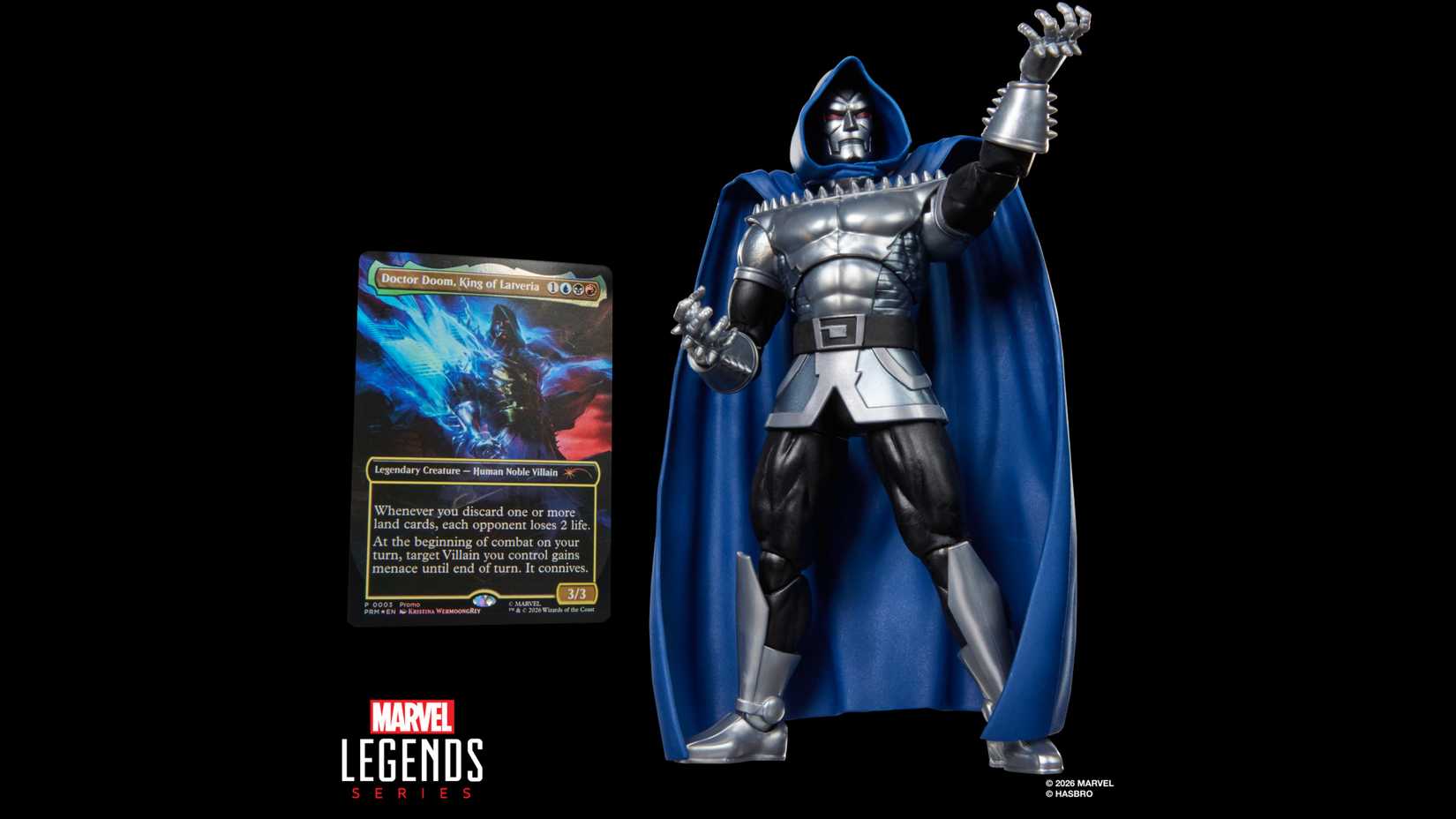 doctor doom marvel legends action figure with matching mtg card.