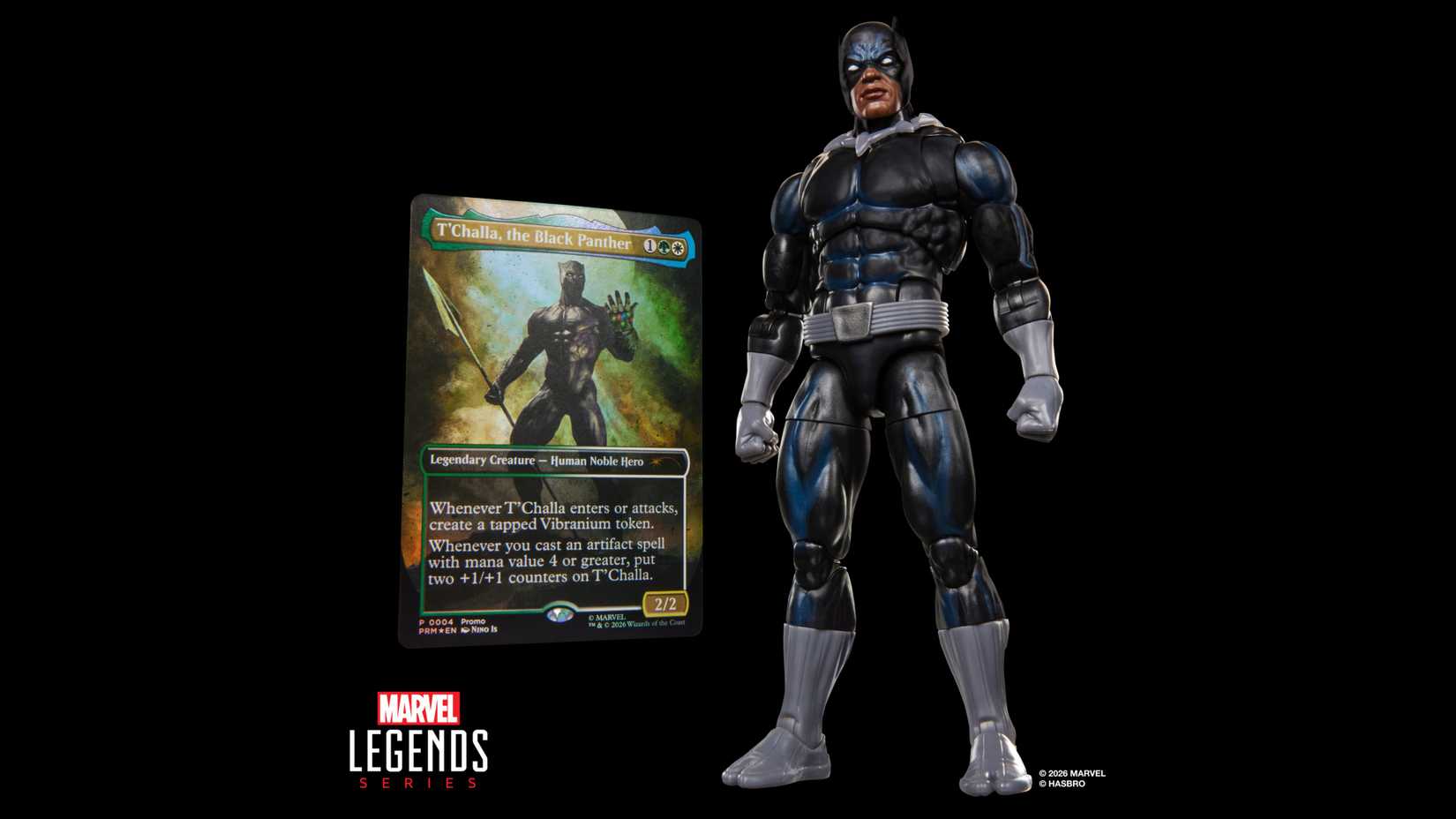 black panther marvel legends action figure with matching mtg card.