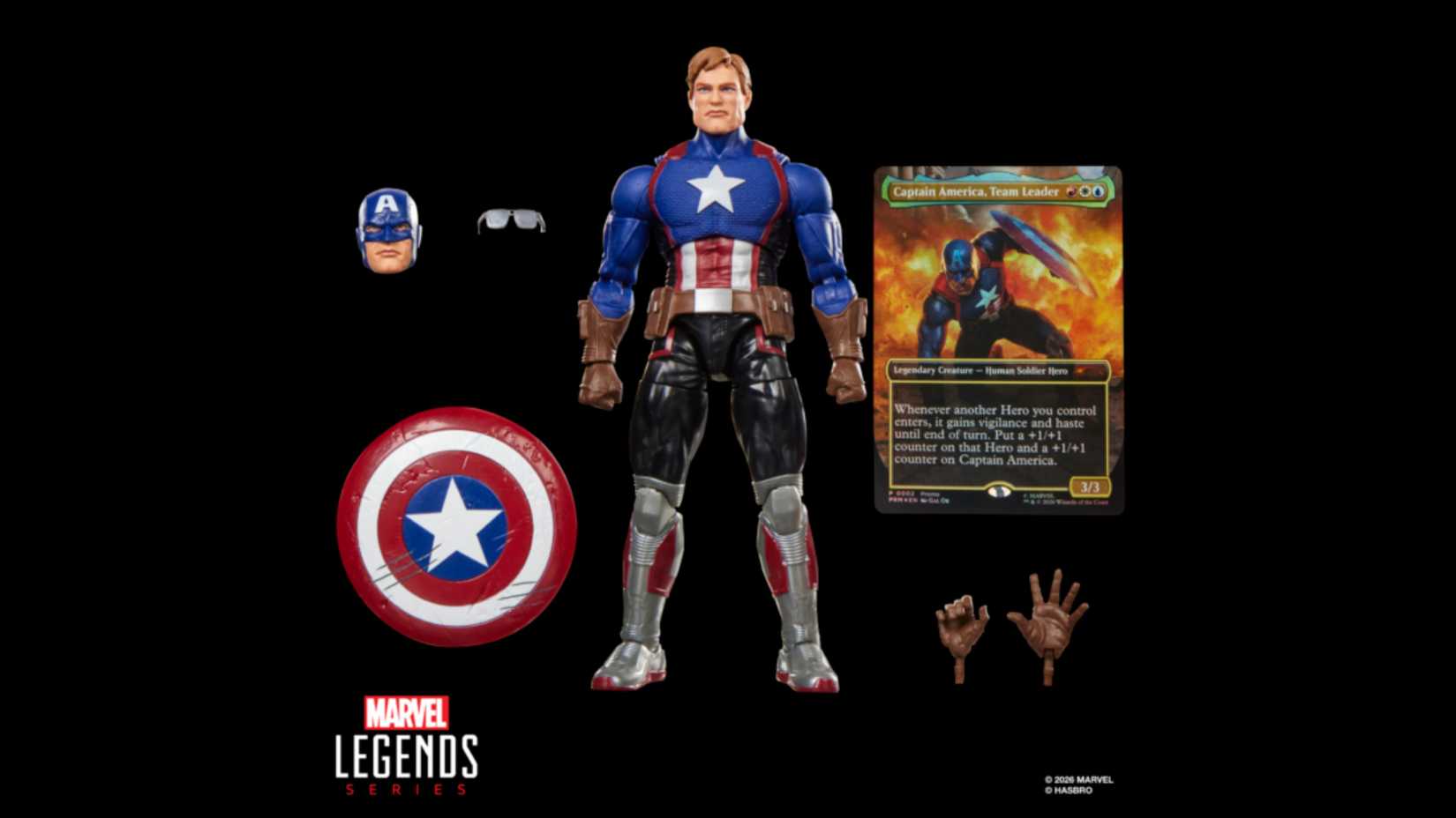 captain america marvel legends action figure with matching mtg card.