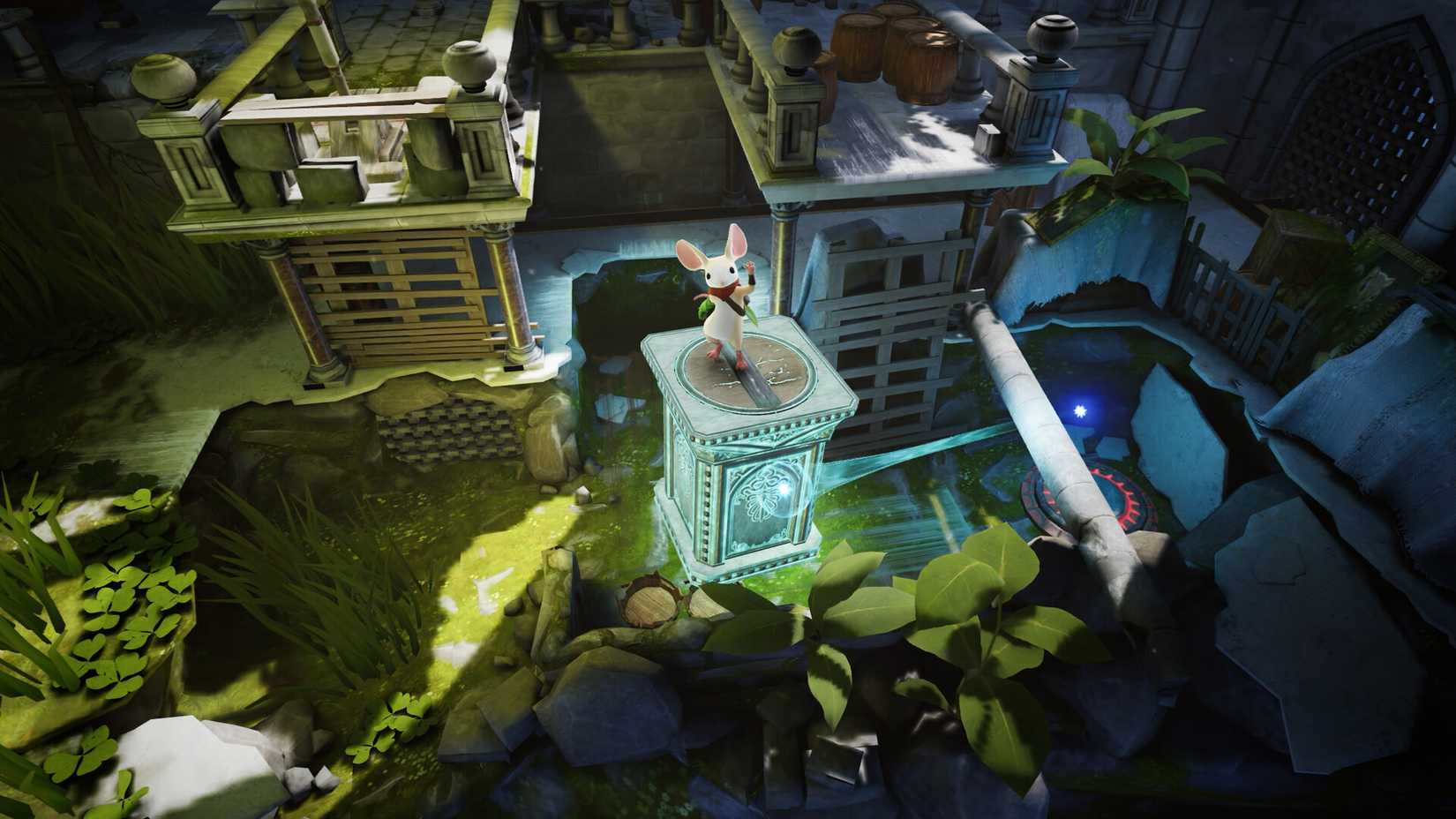Quill waving at the player while standing on a block in Moss: The Forgotten Relic.