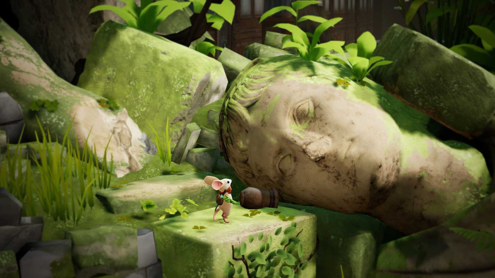 Quill standing next to a statue's head in Moss: The Forgotten Relic.