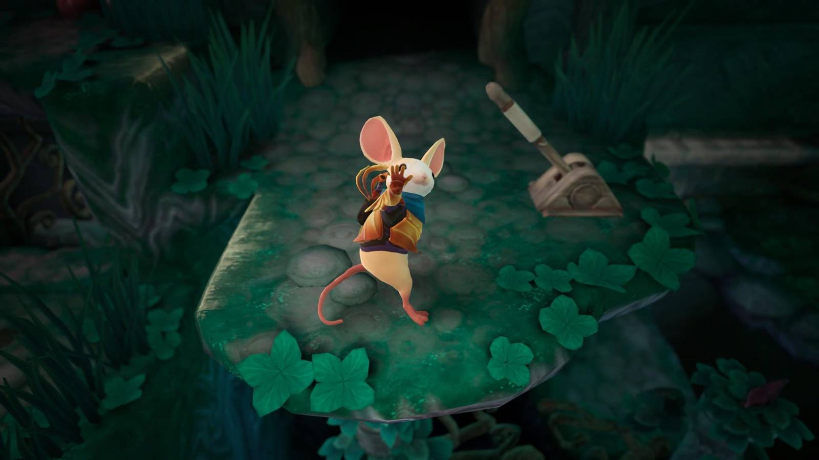 Quill waving to the Reader in Moss: The Forgotten Relic.