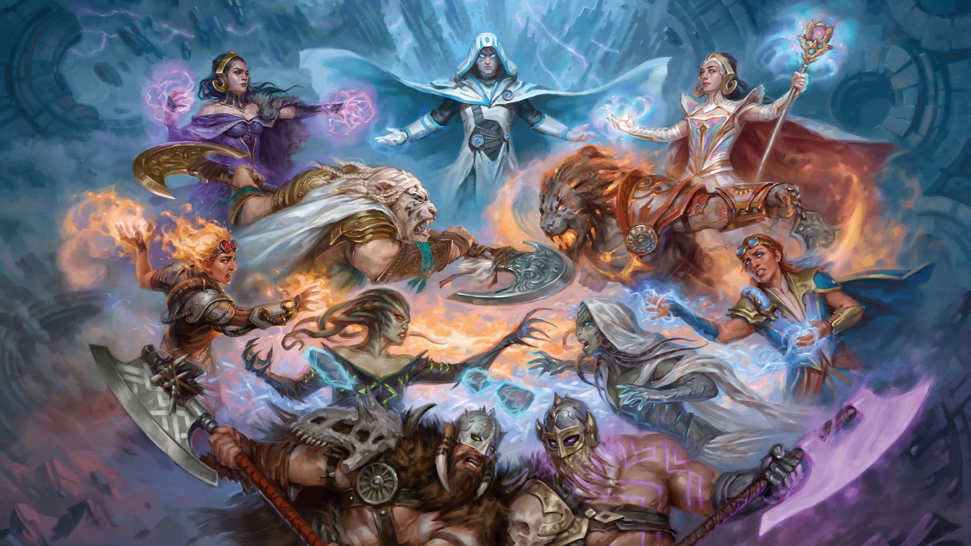 Magic: The Gathering illustration showing two opposing teams of Planeswalkers. Jace Beleren stands at the top center, flanked by Liliana Vess, Ajani Goldmane, Chandra Nalaar, and Vraska on the left, facing Elspeth Tirel, Lord Windgrace, Jace (Vryn's Prodigy), Ashiok, and Garruk Wildspeaker on the right, all channeling magic and wielding weapons.