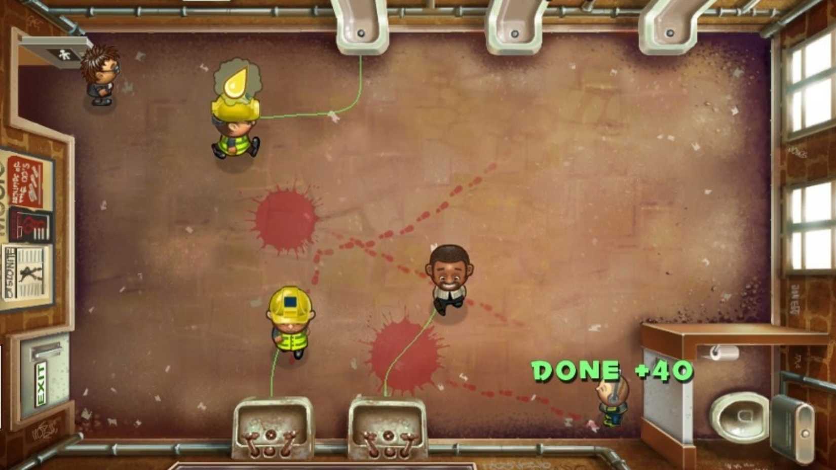 Multiple people in a bathroom in Men's Room Mayhem.