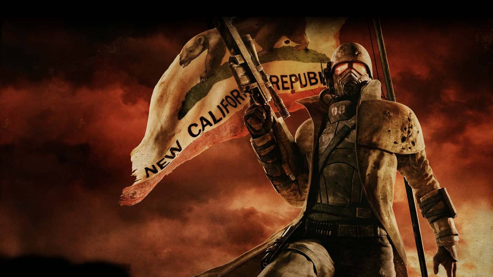 NCR ranger standing in front of the New California Flag in Fallout New Vegas.