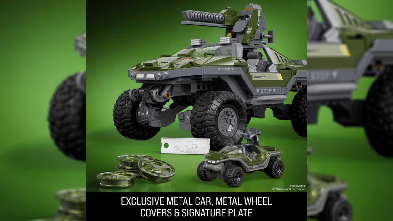 mega halo warthog set next to a smaller warthog hot wheels replica.
