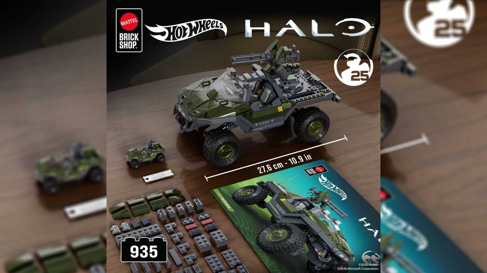 mattel halo warthog set with a hit wheels replica packagaing and toy bricks.