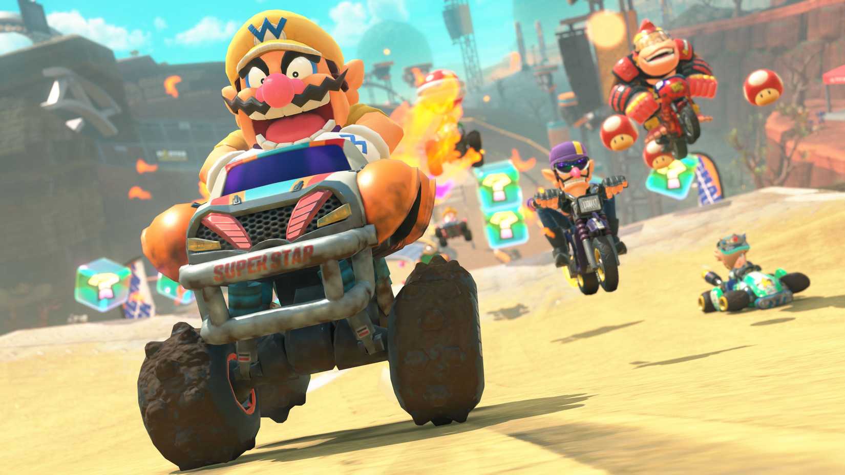 wario boosting and shouting in mario kart world.