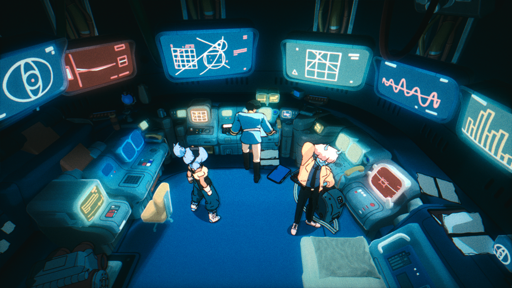Orbital characters surrounded by panels and monitors.