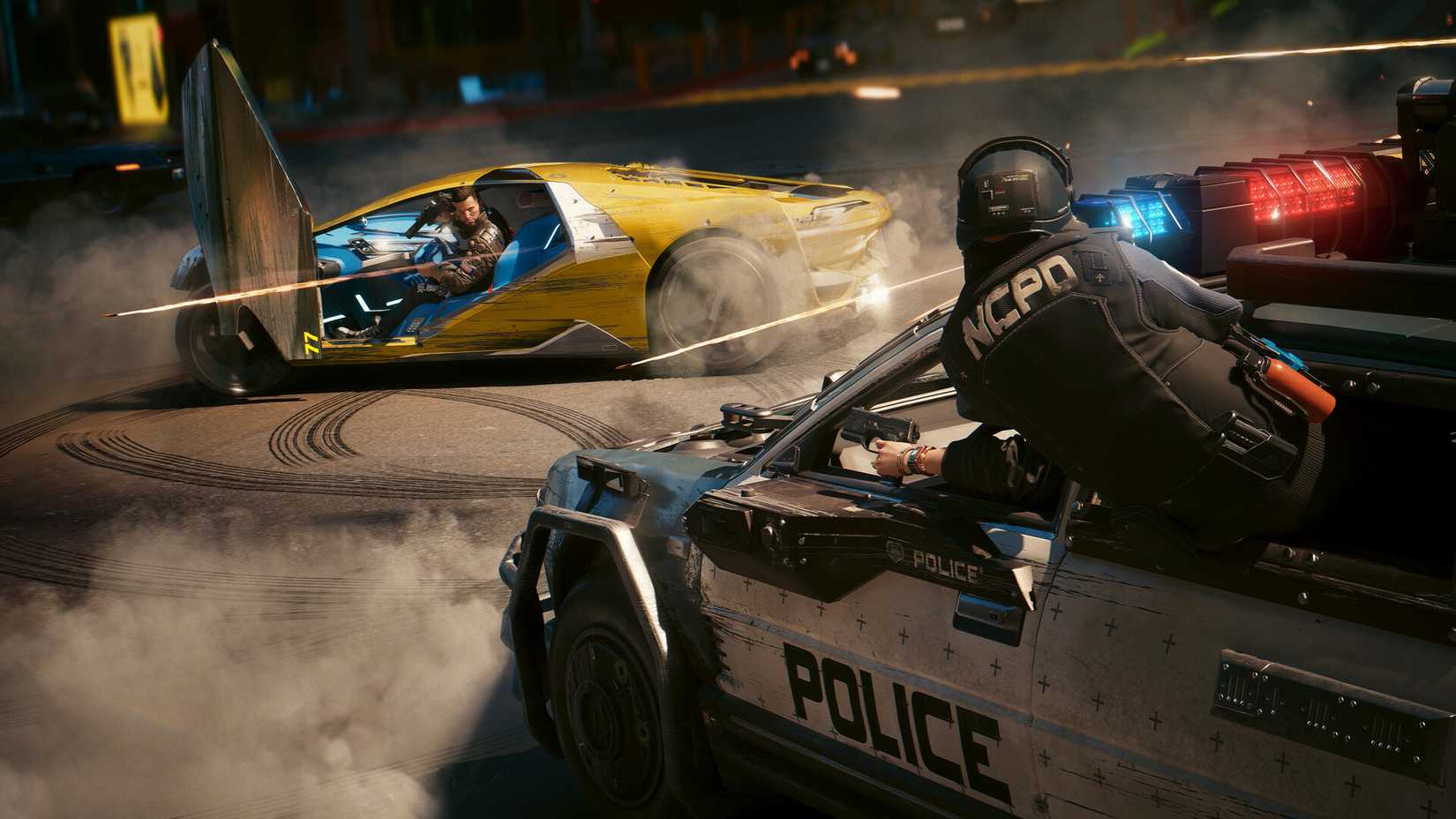 Police chasing fancy car in Cyberpunk 2077.