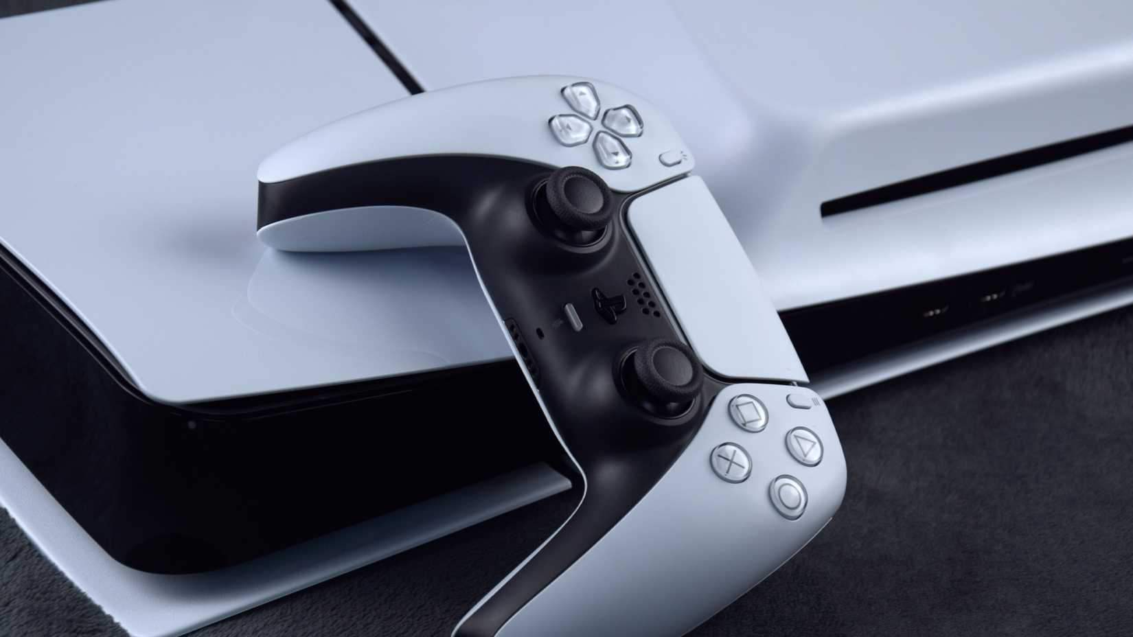 PS5 controller on top of PS5.