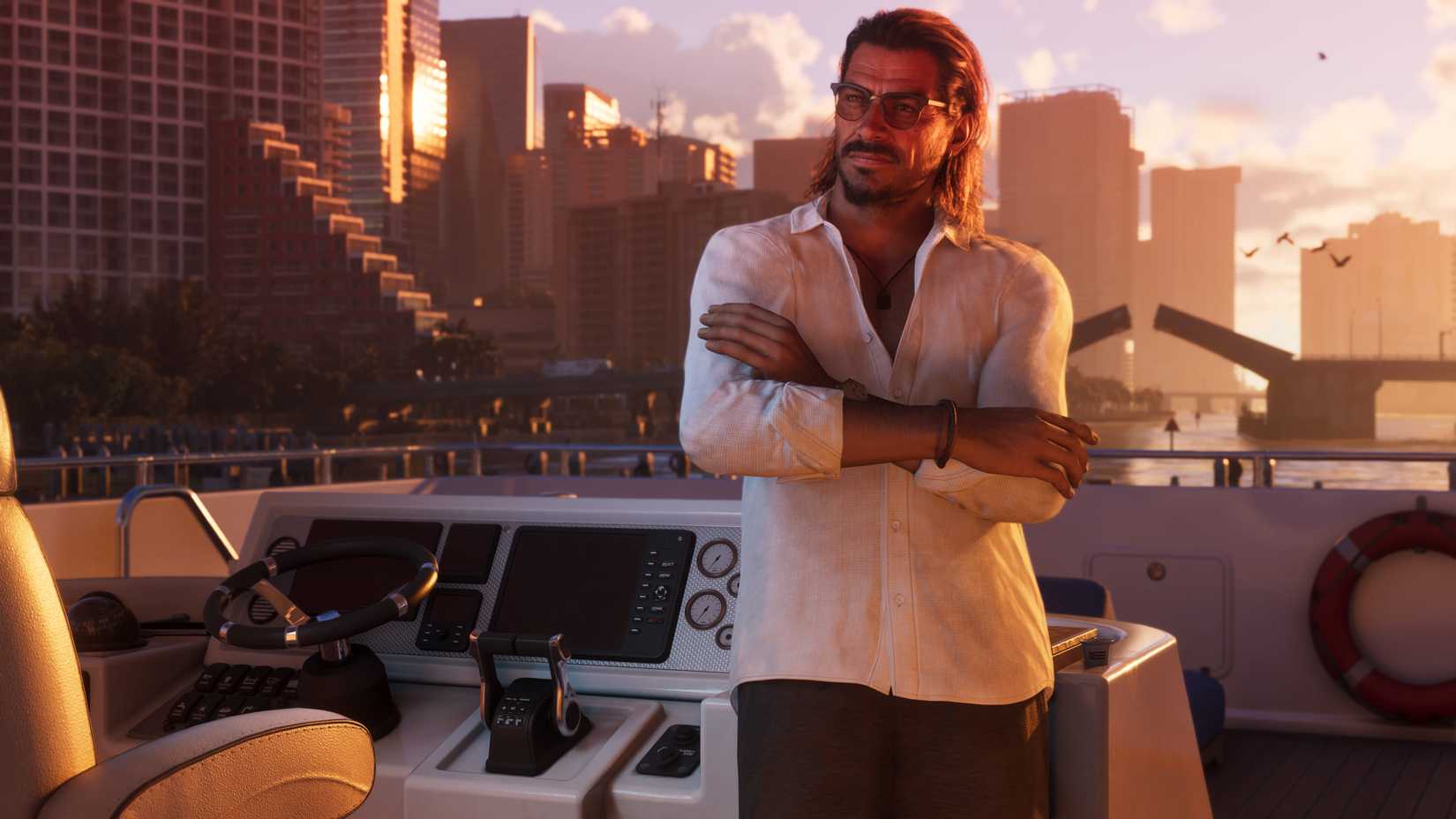 Raul Bautista standing at the front of a boat in front of Vice City in Grand Theft Auto 6.