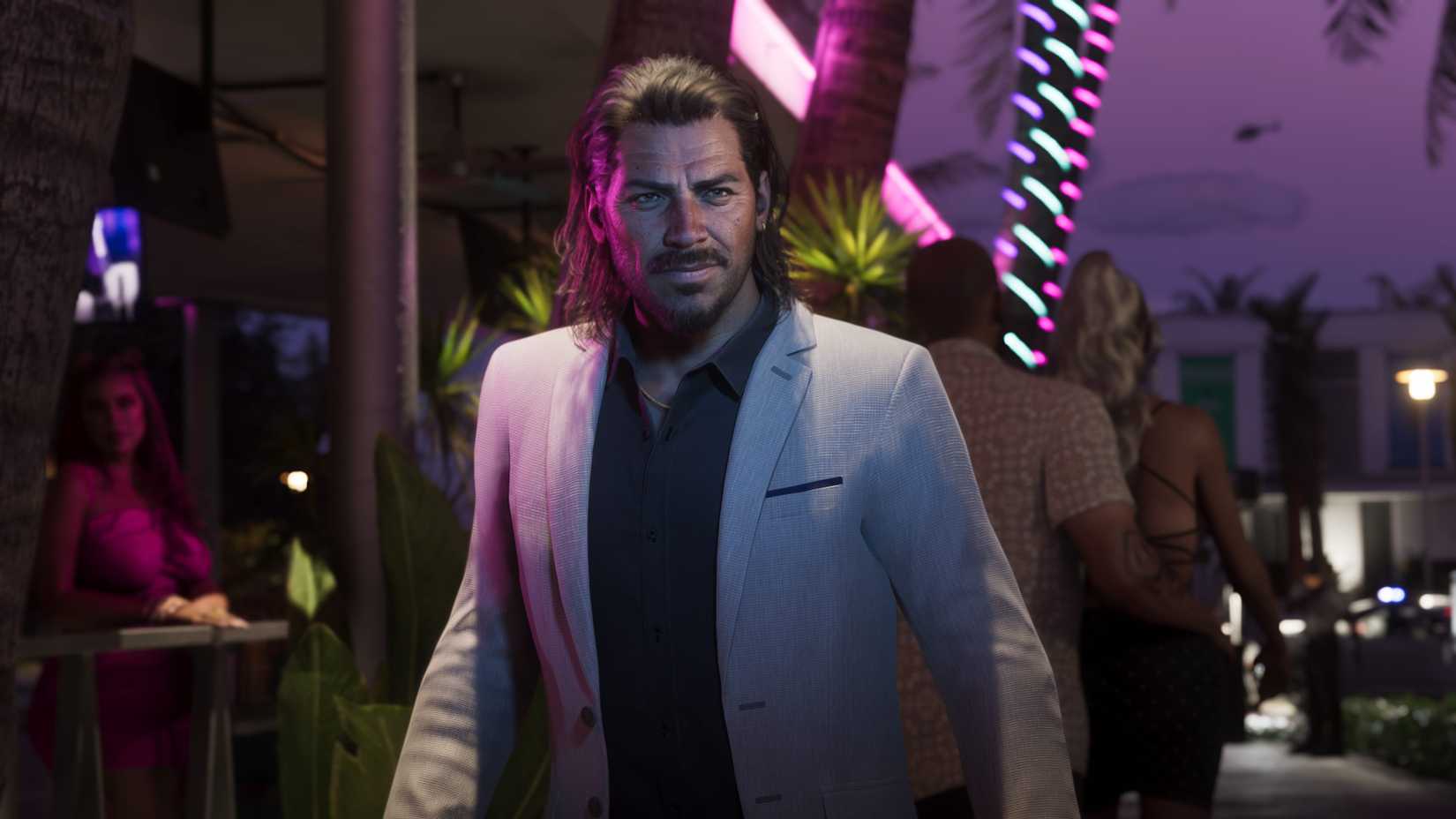 Raul Bautista in Grand Theft Auto 6, wearing a white blazer at a party.