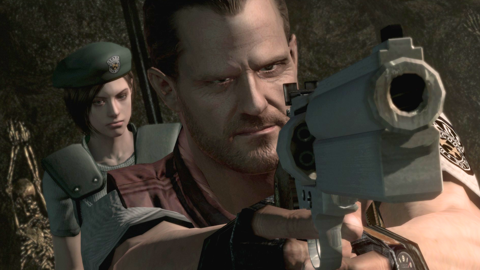 Resident Evil HD Remaster screenshot showing Jill and Chris. Chris is pointing a gun.
