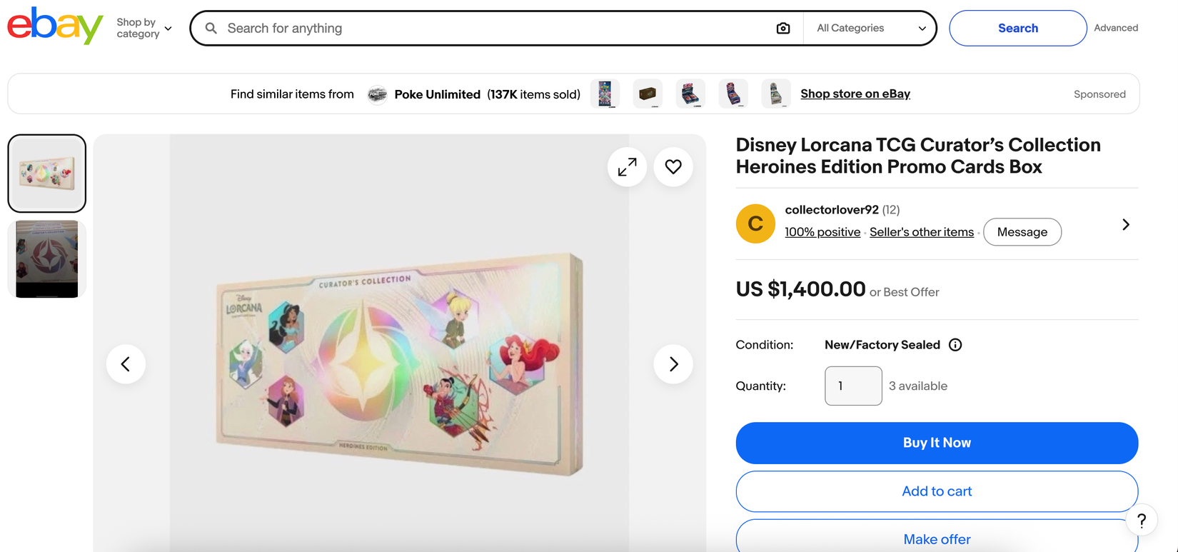 The Disney Lorcana Curator's Collection: Heroines Edition being sold for $1,400 on eBay.