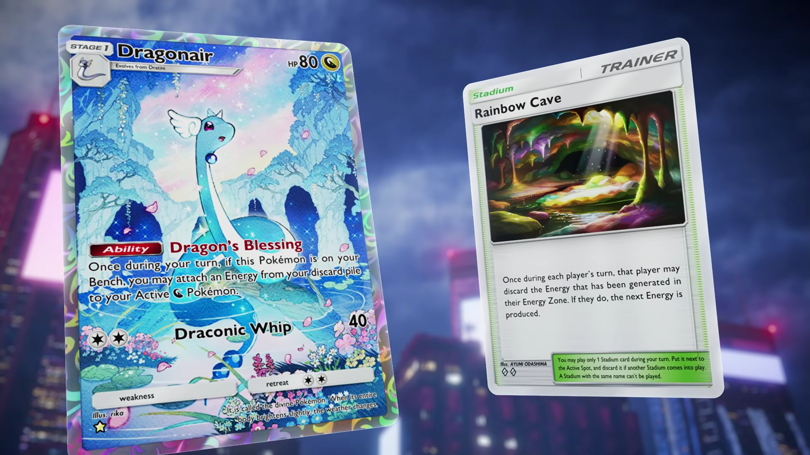 dragonair and rainbow cave cards from pokemon tcg pocket.