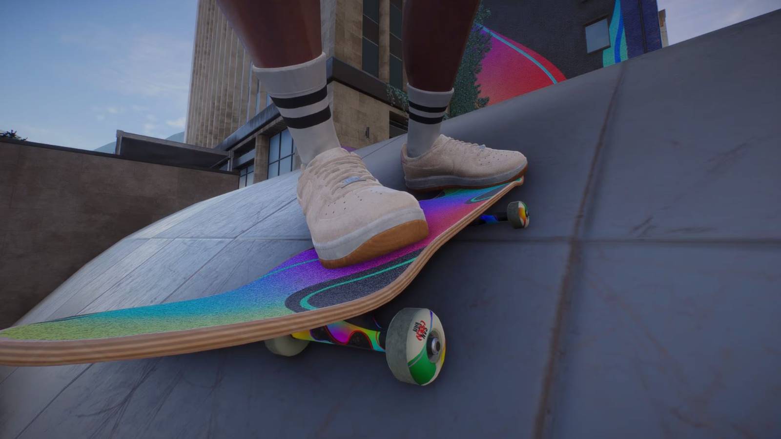 A skateboard with a pair of Nike SB Air Force 1 Low shoes in skate.