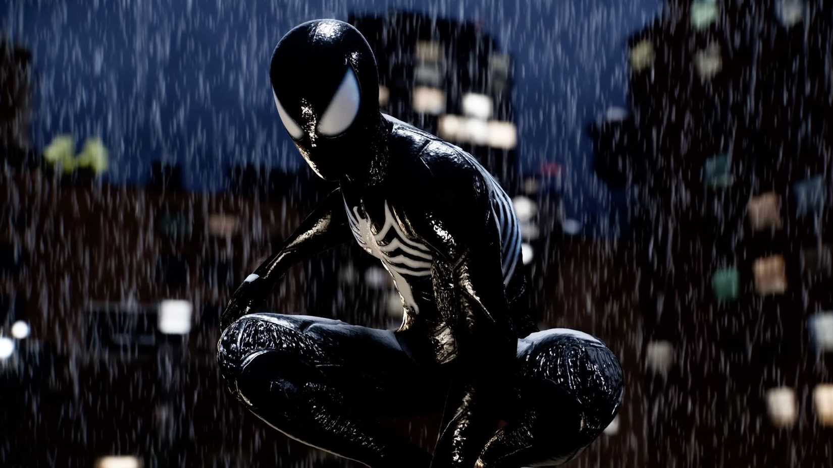 The Symbiote Suit in the rain in Marvel's Spider-Man 2.