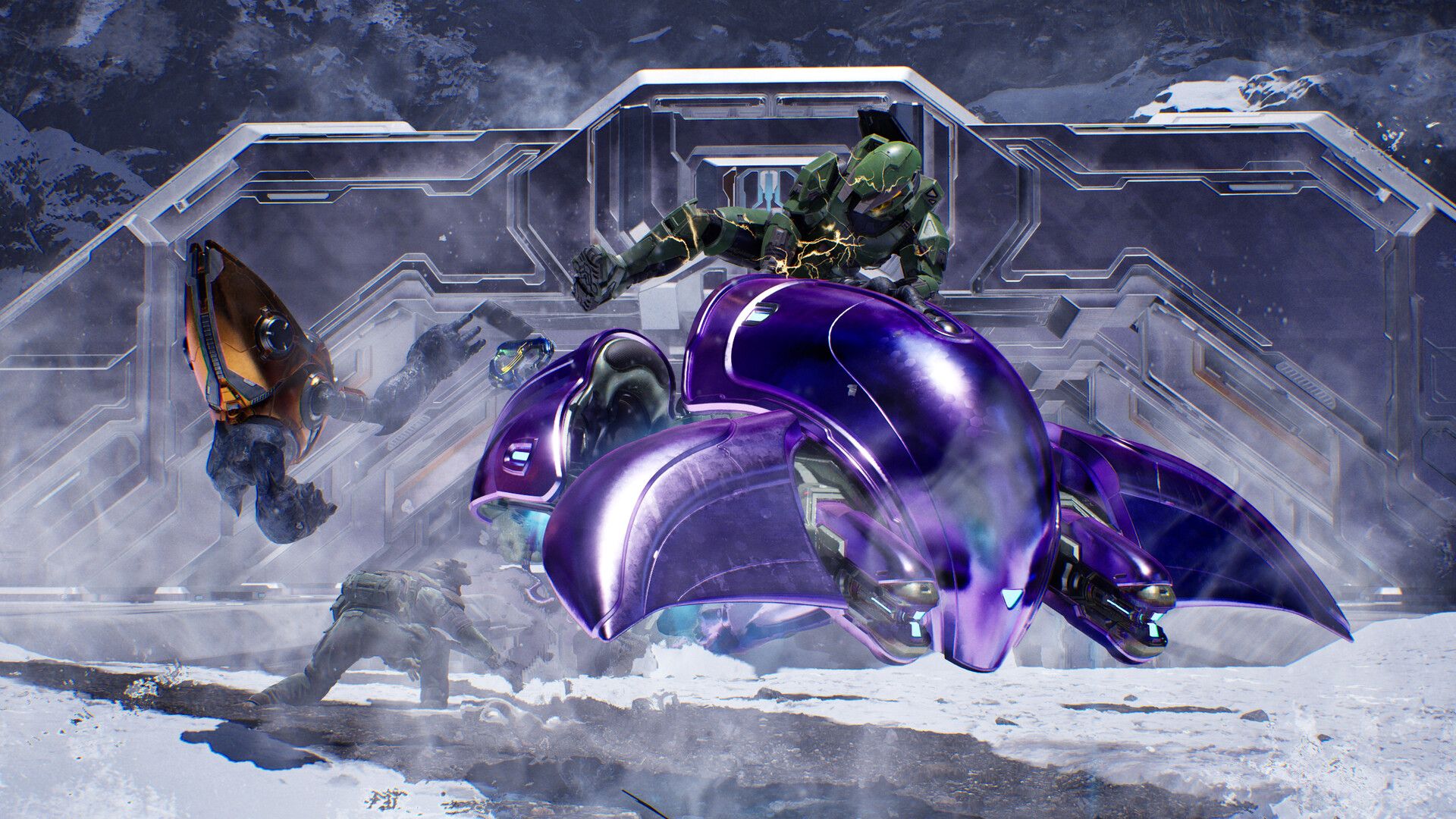 Master Chief hijacks a Ghost while kicking a Grunt in the face in Halo: Campaign Evolved. 