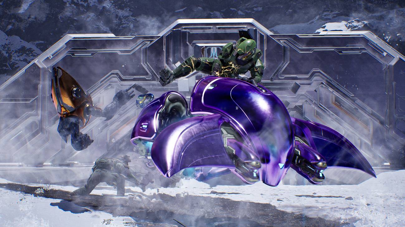 Master Chief hijacks a Ghost while kicking a Grunt in the face in Halo: Campaign Evolved. 