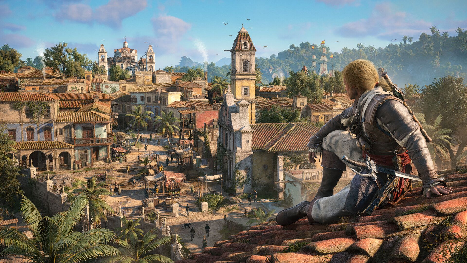Edward Kenway osserva l'orizzonte dalla cima di un tetto in Assassin's Creed Black Flag Resynced