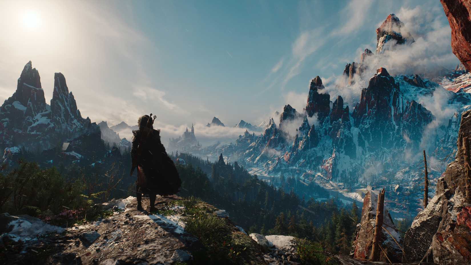 Ciri in The Witcher 4 standing on a cliff overlooking a forest with a city in the background.