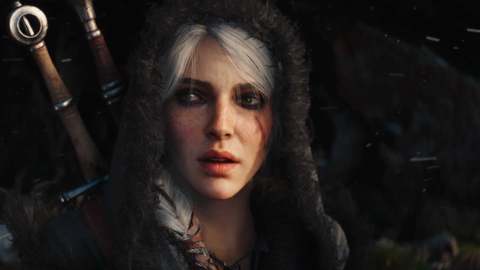 Ciri in The Witcher 4 with a hood up, looking off camera with her mouth slightly open.