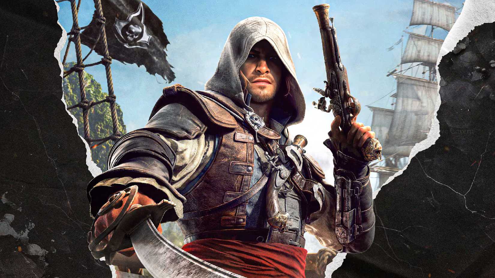Edward Kenway from Assassins Creed Black Flag Resynced looking down at the camera, pointing a cutlass forward, while holding a revolver up over a ripped paper background.