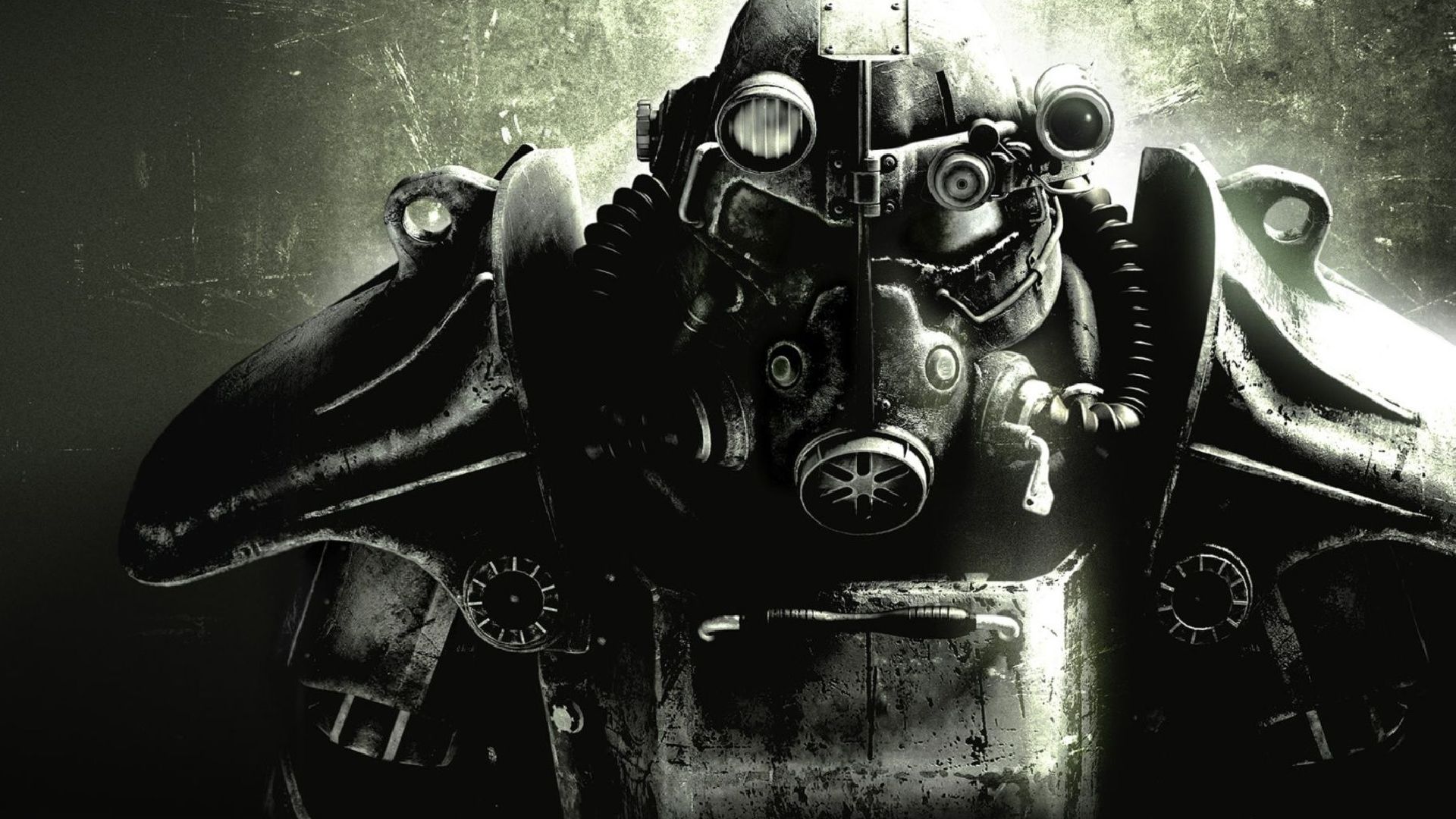 Fallout 3 power armor over a gunmetal background, with a green tint.