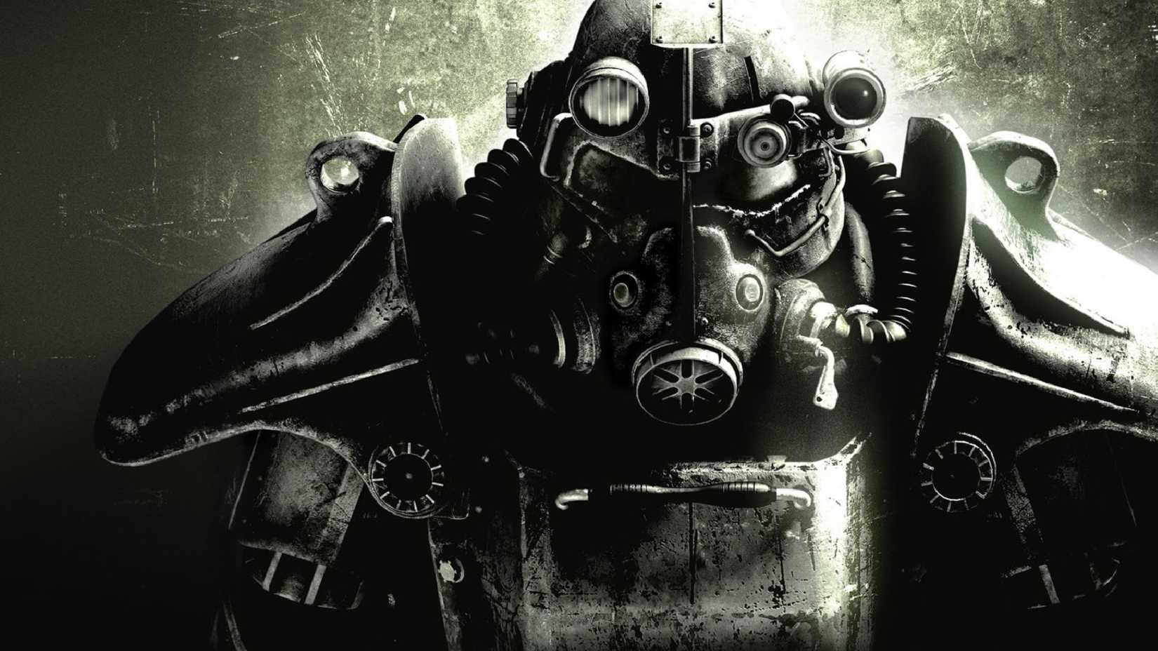 Fallout 3 power armor over a gunmetal background, with a green tint.