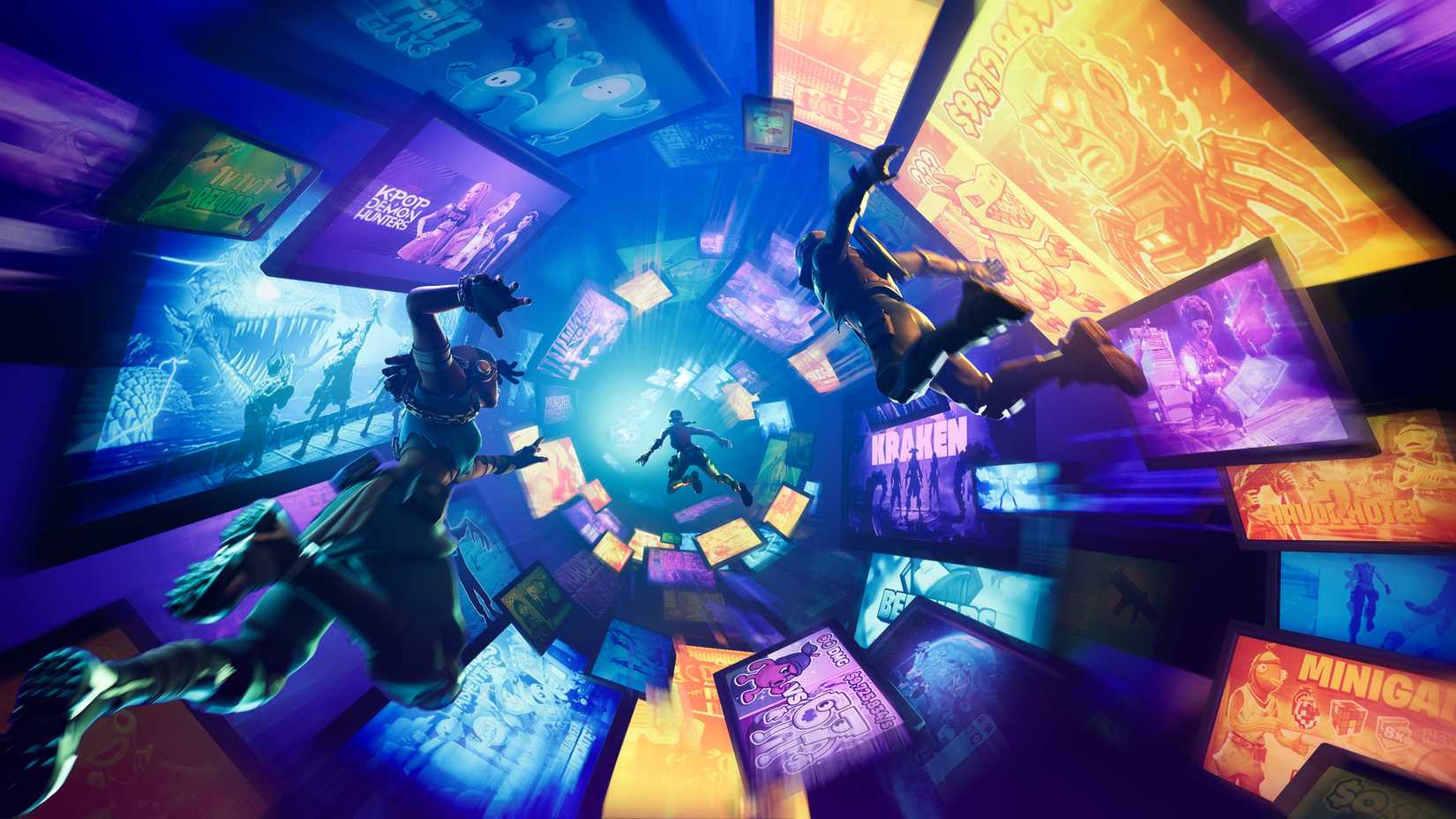 Fortnite players floating through a vortex of Discover games.