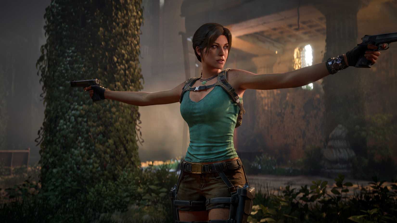 Lara Croft with her arms extended pointing pistols in both directions in Tomb Raider Legacy of Atlantis.