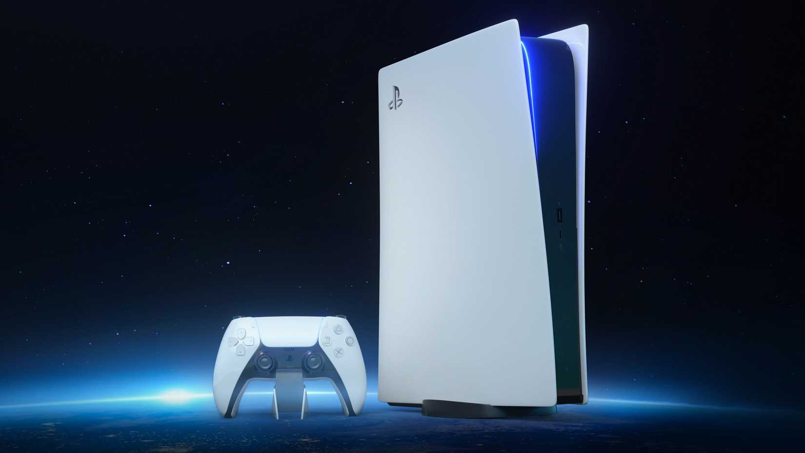 PlayStation 5 and DualSense on top of the Earth.
