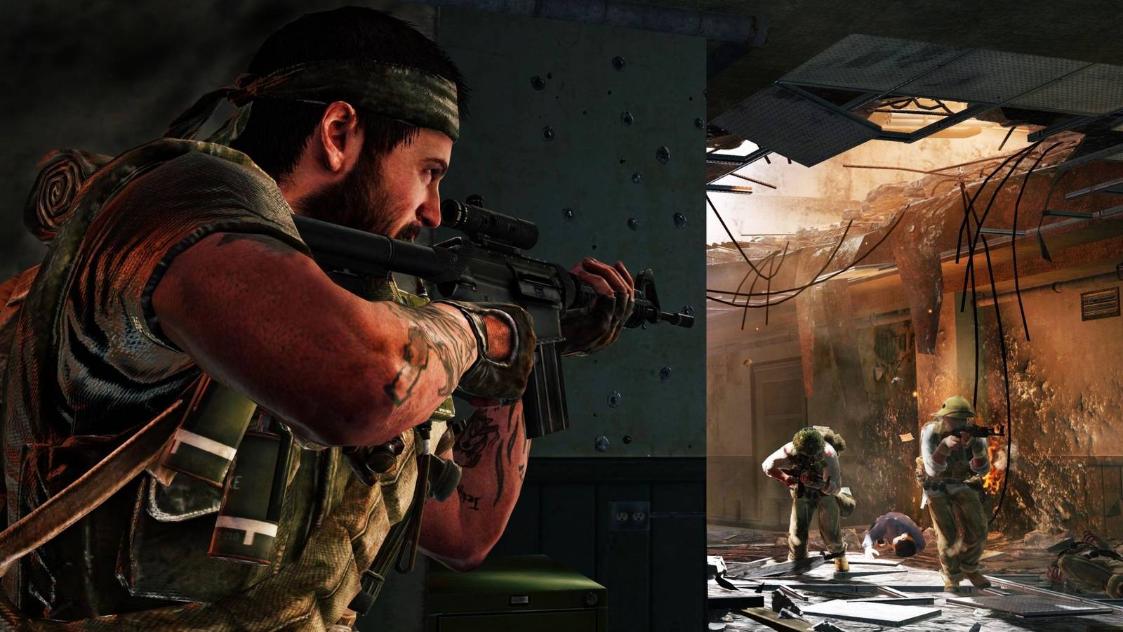 Woods in Call of Duty Black Ops peering around the corner with an assault rifle, aiming at two enemies.