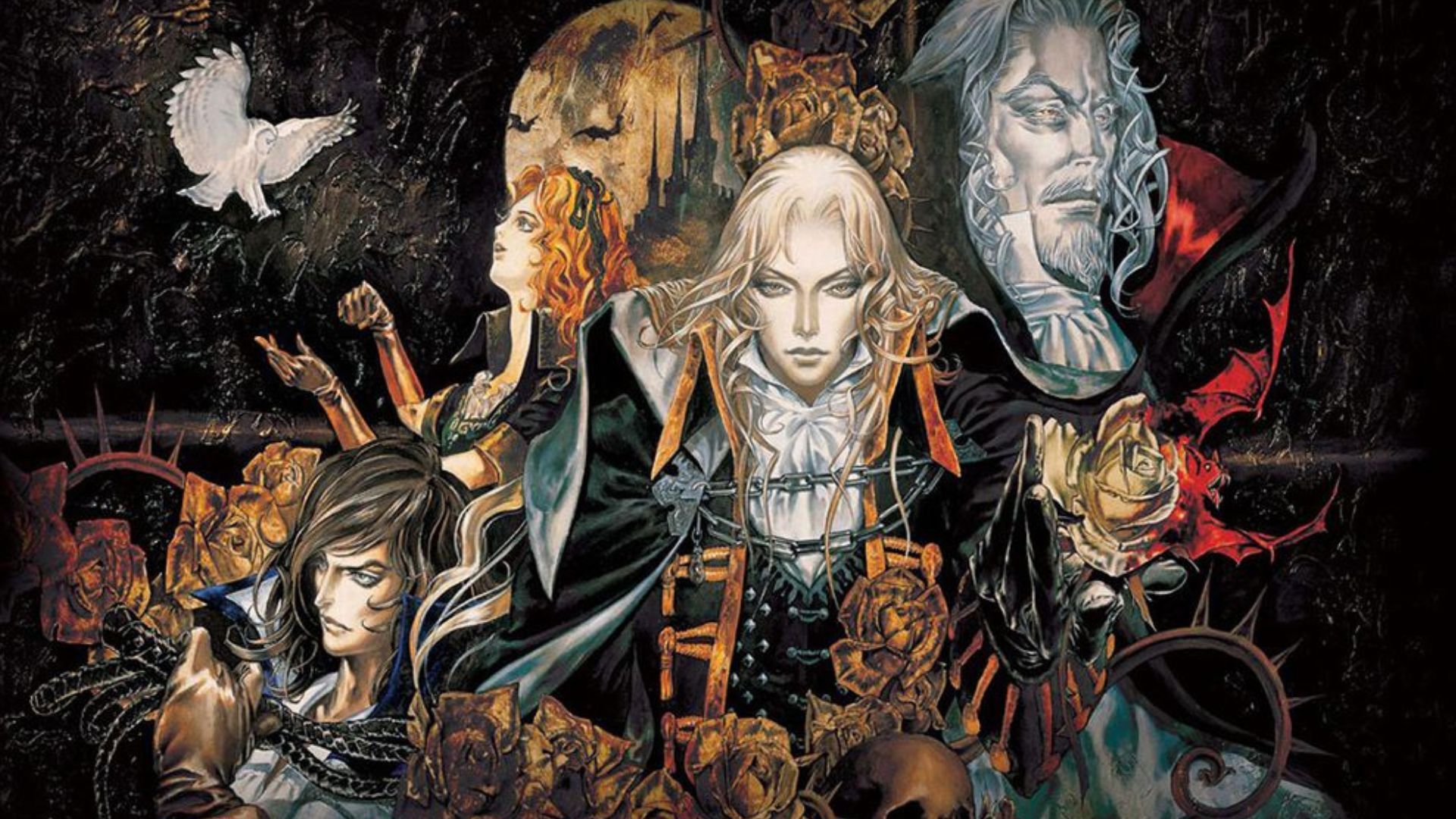 Key art for Castlevania: Symphony of the Night showing its cast of characters.