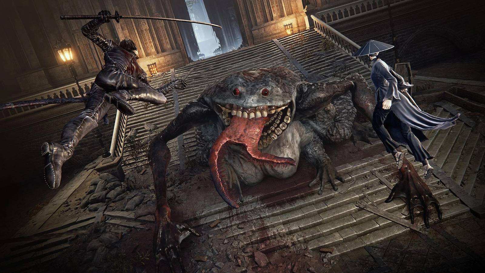 The Duskbloods characters jumping into battle against a giant frog.