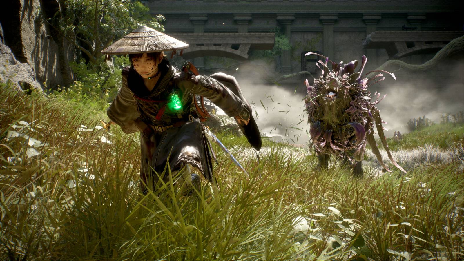 The player character running through grass in Beast of Reincarnation with a monster behind them.