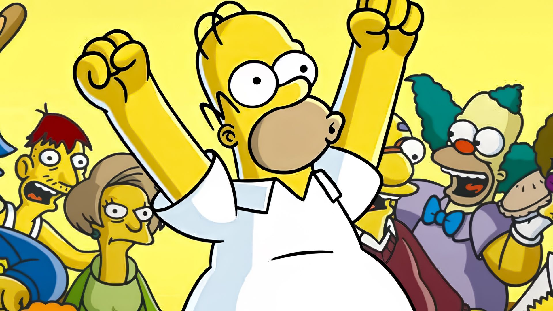 The Simpsons Game cover art showing Homer cheering with his arms in the air in front of other characters like Krusty the Clown.
