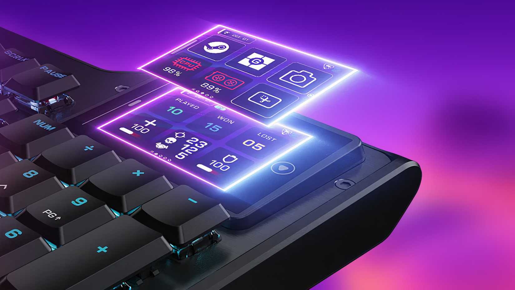 Turtle Beach Command Series KB5 keyboard with touch screen on purple background.