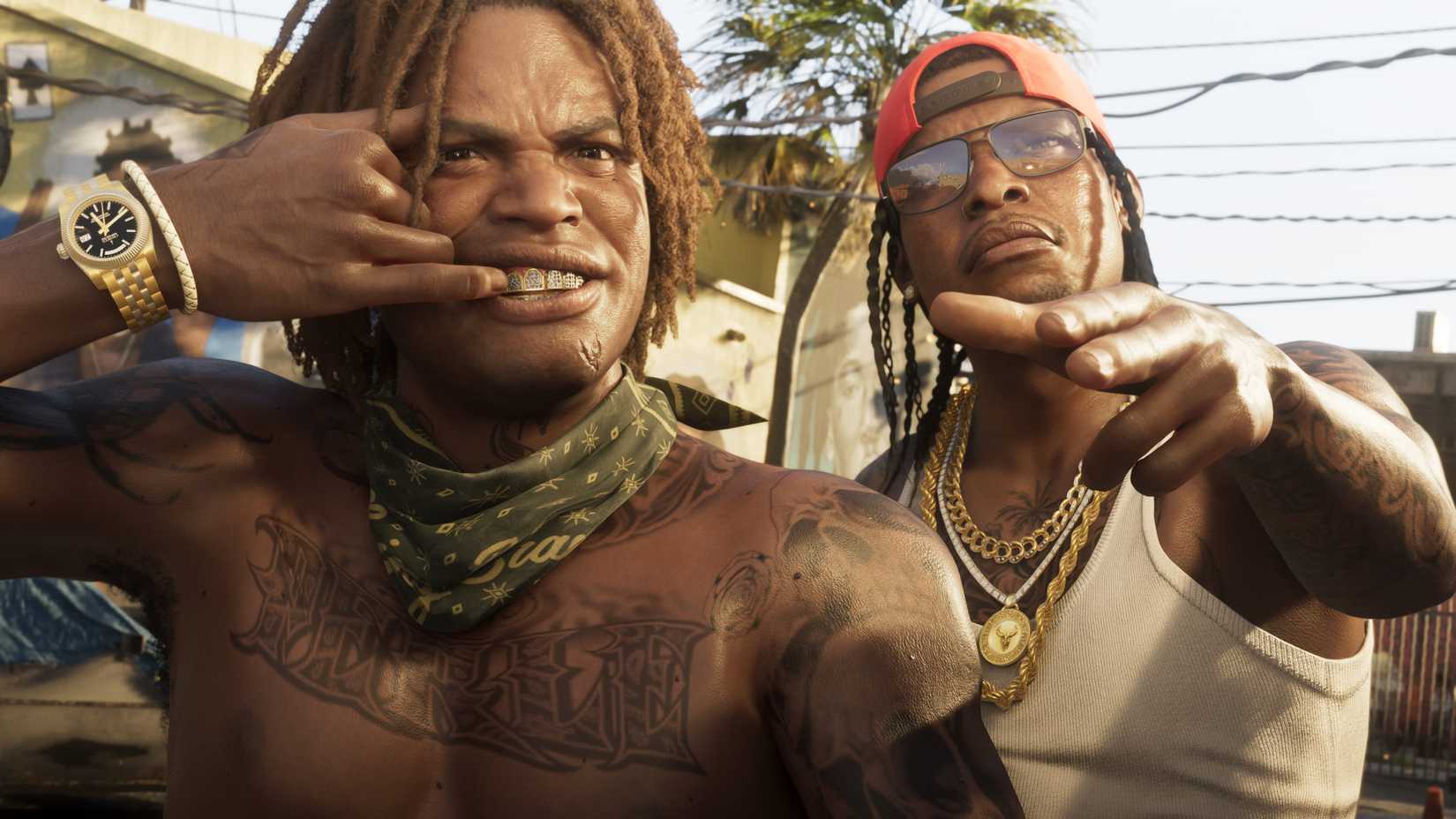Grand Theft Auto 6 character showing his grills, while his friend gestures at the camera.